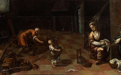 Scuola romana, XVII secolo () Sacra Famiglia nella bottega di San Giuseppe...
