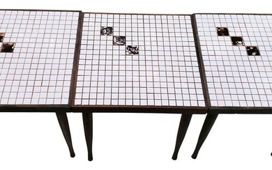 Set of 3 Tile and Teak Wood Side Tables