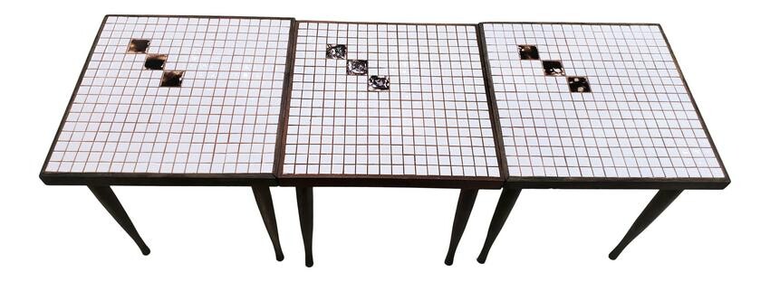 Set of 3 Tile and Teak Wood Side Tables