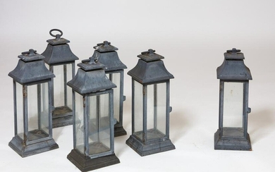 Set of six large ebonized metal hanging lanterns