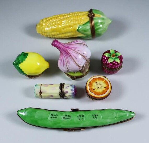 Seven Limoges Porcelain Fruit and Vegetable Trinket Box Models,...