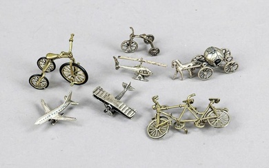Seven miniature vehicles, Italy, 20th c., silver 800/000, 2 airplanes, helicopter, 2 tricycles