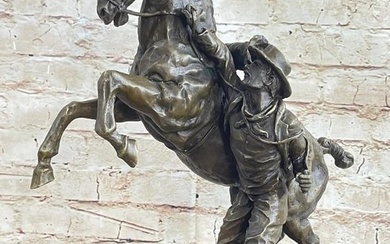 Signed Original Cowboy & Wild Stallion Bronze Sculpture - 16" x 12"