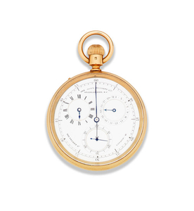 Sir John Bennett Ltd, 65 Cheapside E. C and 105 Regent St, London. W. An 18K gold keyless wind open face calendar chronograph pocket watch with regulator dial