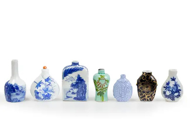 Six Chinese porcelain and one glass snuff bottle 20th century Comprising: three...