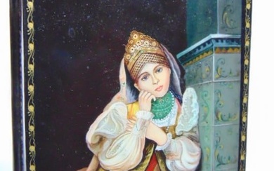Small Russian lacquered box with painted portrait of lady in mid Eastern dress, signed, 4.25" by 3