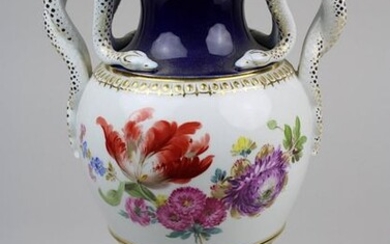 Snake handle vase, Meissen end of 19th century, baluster shaped body, handles made of fully plastic snakes, porcelain with cobalt blue and gold decoration, walls decorated by floral painting, on the bottom blue sword mark and embossing. I 135 and 132...