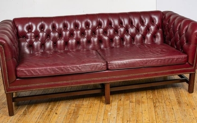 St. Timothy Red Leather Tufted Back Sofa, H 28’’ L 78’’