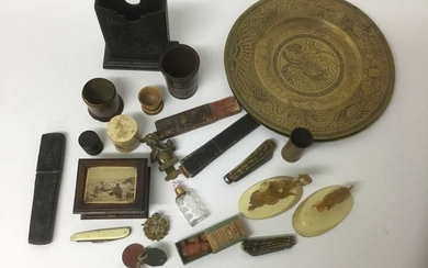 Sundry works of art including pair of Chinese brass dishes, pen knifes and razors, various treen, militaria and coins, leather case and sundries