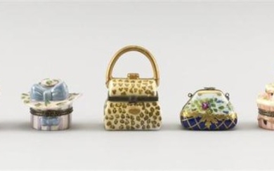 TEN LIMOGES-STYLE PORCELAIN BOXES Includes three in the form of purses, one in the form of a champagne bucket, one in the form of a...