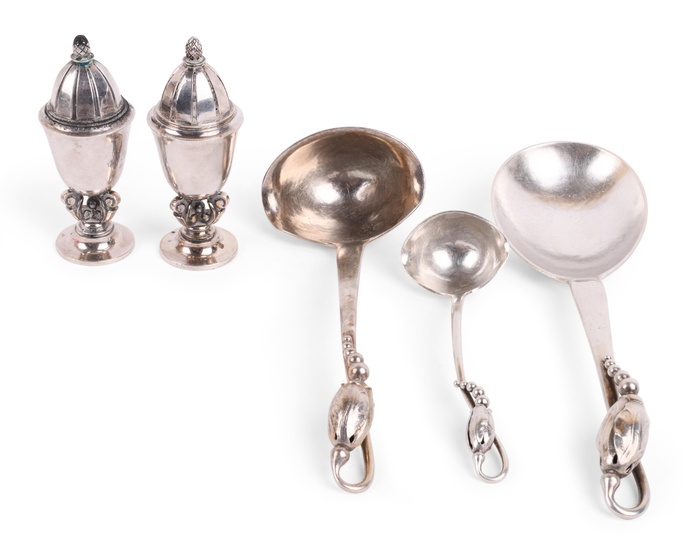 THREE GEORGE JENSEN SILVER 'BLOSSOM' SERVING PIECES AND A PAIR OF JENSEN SILVER SALT AND PEPPER SHAKERS Heights of salt and pepper: 3 3/4 in. (9.5 cm.)