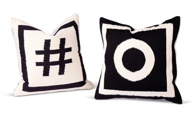 TWO BLACK AND WHITE CUSHIONS BY JONATHAN ADLER