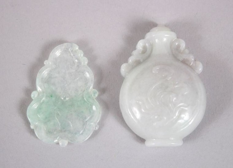 TWO CHINESE CARVED JADEITE TABLET / PENDANTS, one