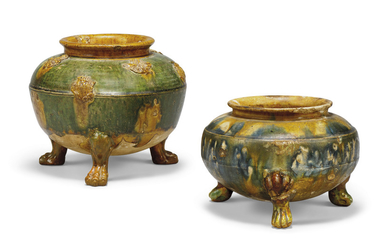 TWO CHINESE SANCAI-GLAZED TRIPOD CENSERS, TANG DYNASTY (618-907)