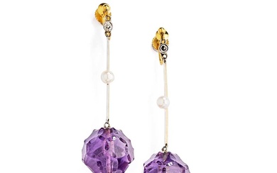 TWO PAIRS OF GOLD, AMETHYST AND DIAMOND PENDENT EARRINGS, 1900s