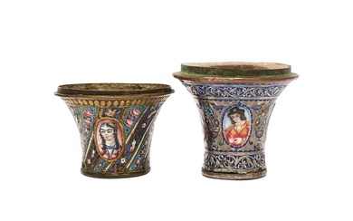TWO QAJAR POLYCHROME-PAINTED ENAMELLED SILVER AND COPPER QALYAN CUPS WITH YOUTH PORTRAITS Iran, 19th century