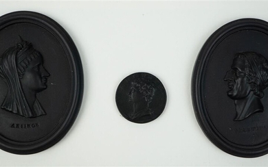 TWO WEDGWOOD BLACK BASALT PORTRAIT MEDALLIONS, 'ARSINOE' AND 'MARTIUS' AND A DOUBLE-SIDED CIRCULAR MEDALLION OF 'AUGUSTE'