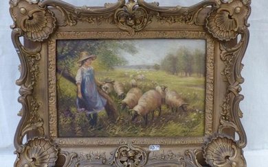 Painting "Shepherdess and her flock". Signed H.J. Burgers (Hendricus jacobus)....