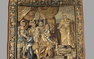 Tapisserie baroque 17e/18e siècles, tapisserie tricotée avec scène d'histoire baroque, probablement représentation d'Alexandre le Grand...