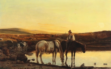 Theodor Philipsen: Evening scenery with a rider watering his horses. Signed and dated on the reverse Th. Philipsen 1869. Oil on canvas. 60×86 cm.