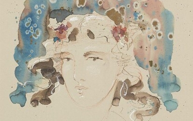 Theodoros Pantaleon, Greek b.1945 - Portrait of a Young Woman; watercolour, gold paint, pastel and pencil on paper, signed lower right 'Th Pantaleon', 50 x 37.8 cm (ARR) Provenance: purchased directly from the artist in 1998