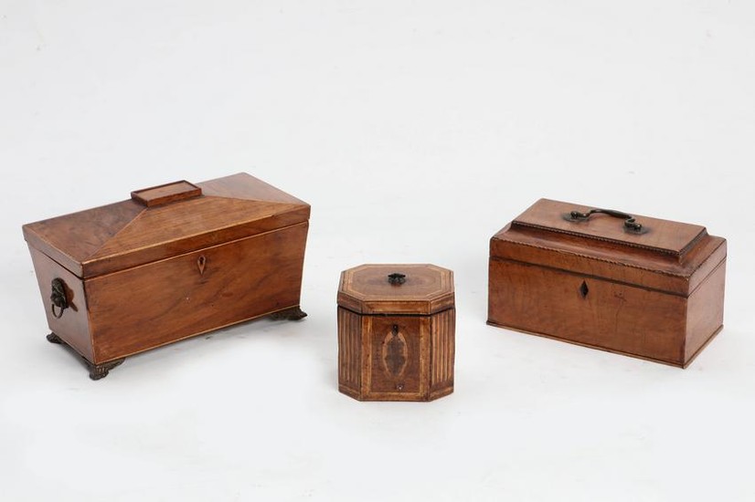 Three English inlaid mixed wood tea caddies