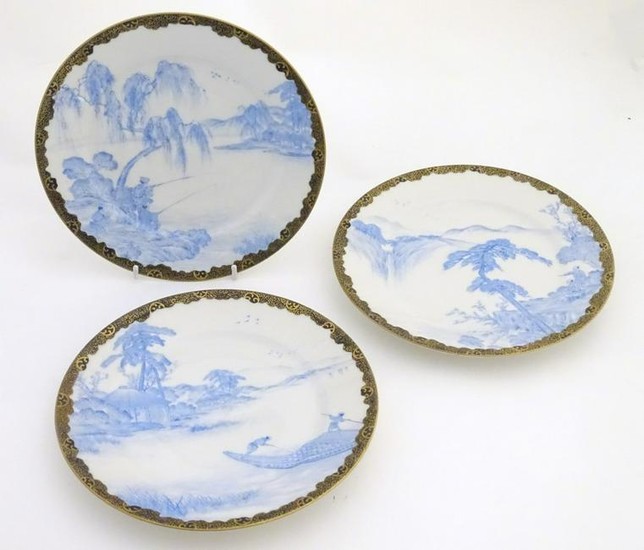 Three Japanese blue and white plates with landscape