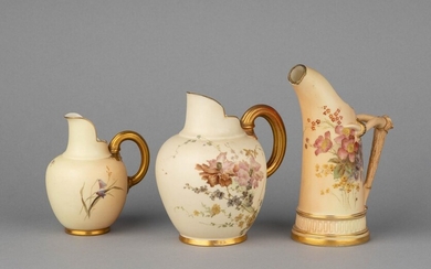 Three Royal Worcester blush ivory jugs with gilt highlights. (3) tallest: 6 in. (15.2 cm.) h.