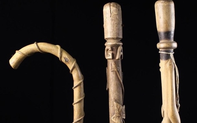 Three Rustic Folk-Art Walking Sticks from the Auvergne Region. The longest with a knobbly shaft entw