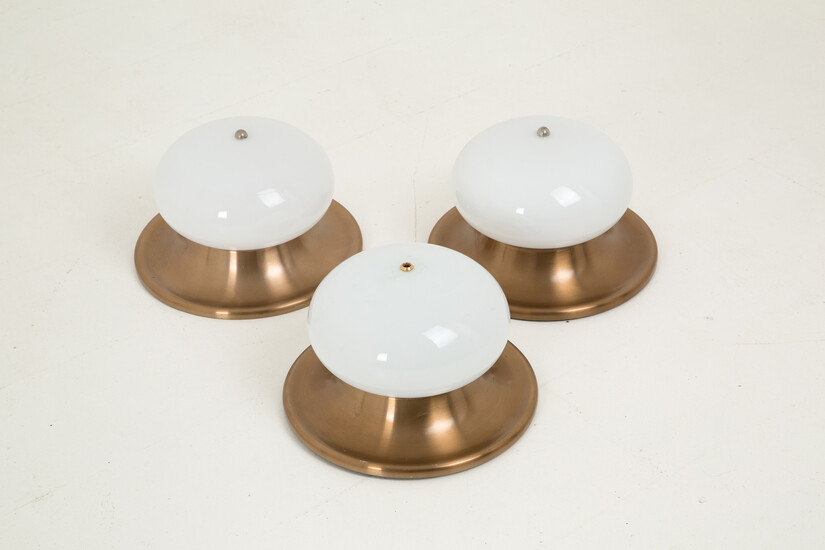 Three brass and glass ceiling lights. '60s