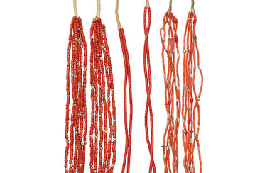 Three multi-strand coral bead necklaces