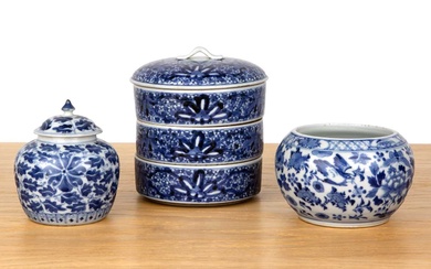 Three pieces of blue and white porcelain Chinese and Japanese,...