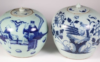 Two Antique Chinese Blue and White Covered Ginger Jars