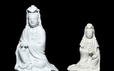 Two Chinese Blanc-de-Chine Porcelain Figures of Seated Guanyin
