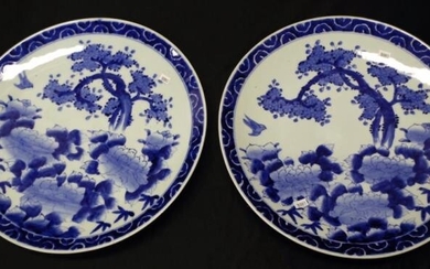 Two Chinese blue and white chargers both with floral...