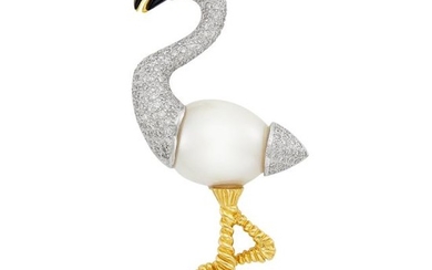 Two-Color Gold, South Sea Cultured Pearl, Diamond, Cabochon Ruby and Black Onyx Flamingo Brooch