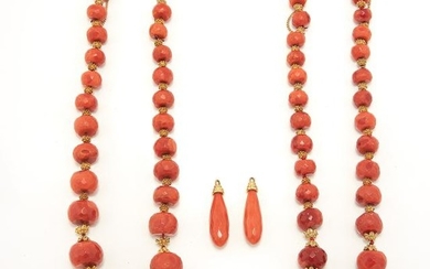 Two Coral and Gold Bead and Diamond Necklaces and Pair of Earring Jackets