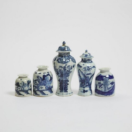 Two Small Chinese Export Blue and White Lidded Vases