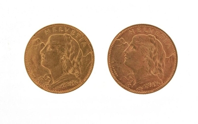 Two Swiss 10 franc gold coins Helvetia