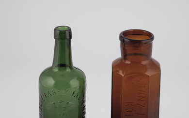 Two bottles of Germany Brown and green glass with embossed inscription: ''FRANZ ...