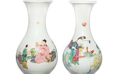 Two famille-rose 'figural' pear-shaped vases, Qing dynasty, 18th / 19th century | 清十八 / 十九世紀 粉彩人物故事圖瓶一組兩件