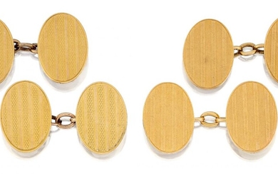 Two pairs of 18ct gold cufflinks, each of oval link with linear detail, chain link connections, London hallmarks, total weight 24.9g
