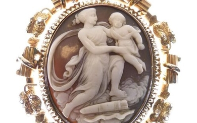Unmarked yellow metal shell cameo brooch, relief-carved as Cupid...
