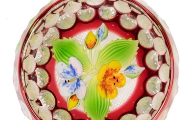 VINTAGE PERTHSHIRE CUT-OVERLAY AND FLORAL BOUQUET LAMPWORK ART GLASS PAPERWEIGHT