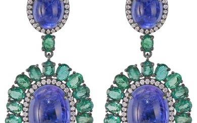 Victorian 27.85 Cttw. Tanzanite, Diamond and Emerald Dangle Earrings
