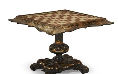 Victorian papier-mâché and eglomise games table Circa 1860 H:...