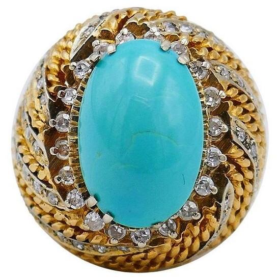 Vintage 18k Yellow Gold Turquoise Diamond Ring French