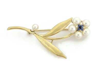 Vintage 1950's Pearl Blue Topaz Flower Brooch Pin 14K Yellow Gold, 4.95 Grams