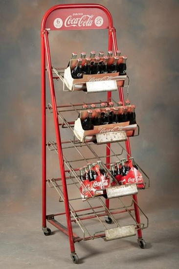 Vintage Coca-Cola Bottle Display Rack with four slanted shelves, sold with two 12 pack cartons and