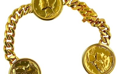 Vintage Dollar Coin Curb Link Yellow Gold Vermeil Sterling Silver Chain Bracelet